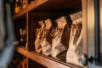 coffee bags in a row on a kitchen shelf