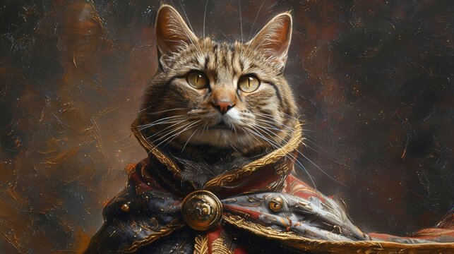 A cat in a regal cloak against a split royal purple and gold background, suggesting nobility and a distinguished character.