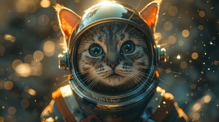 A cat in a space suit against a split deep space blue and starlight silver background, imagining...