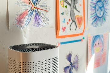 air purifier in the corner with childs handdrawn pictures on the wall