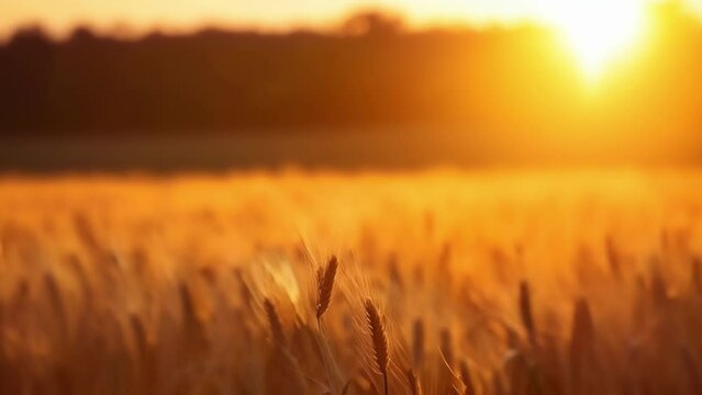 The golden hues of a cornfield at sunset with the silhouettes of trees in the background.