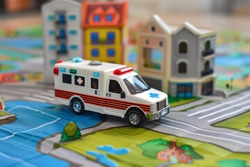 toy ambulance on a city play mat with buildings