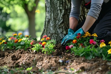 Fototapeta premium gardener planting flowers around oak tree base