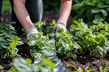 person placing reflective mulch around plants to deter aphids