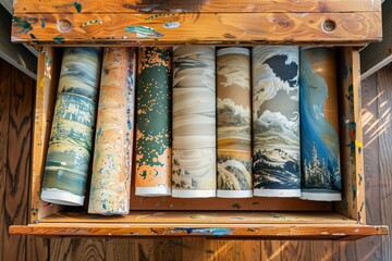overhead shot of a drawer with rolledup canvases