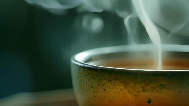 A closeup of a cup of steaming green tea highlighting its theutic properties and use in traditional medicine practices.