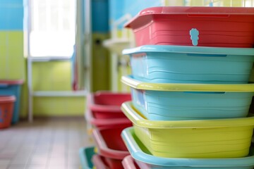 baby bathtubs stacked for charity giveaway