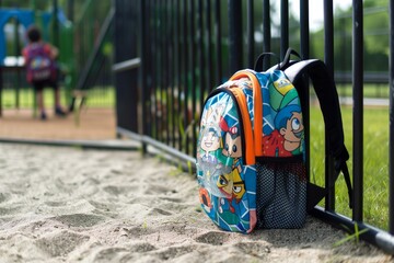 kids backpack with cartoon characters on a playground fence line