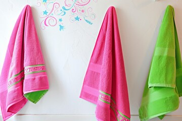 pink and green towels hanging on a kids bathroom wall