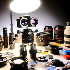 Robot made from camera parts, photographer robot