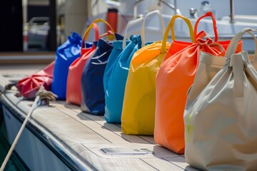 beach bags lined up on yacht dock before a family trip to the shore