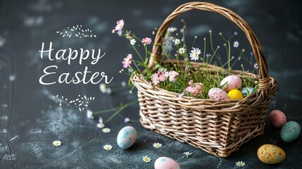 Joyous Easter Greetings with a wicker basket, small flowers and colourful Easter eggs - obrazy, fototapety, plakaty