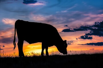 silhouette of cow feeding at dusk with vibrant sunset backdrop - obrazy, fototapety, plakaty