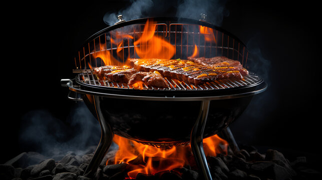 fire burning in a fireplace, Empty steel barbecue bbq grill grate with burning fire and smoke against black background cooking, Bbq Flyer Photos