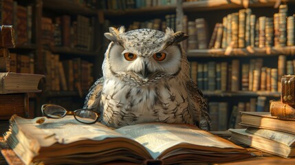 A wise owl librarian organizing books on towering shelves, glasses perched on its beak, surrounded by scrolls and ancient tomes.