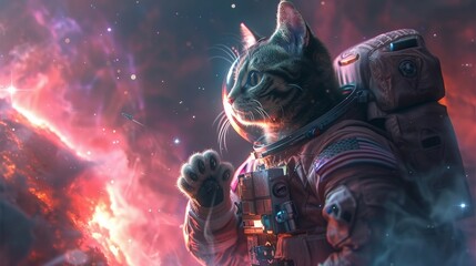 Astronaut Cat in Space: cat in a space suit, floating against a backdrop of pastel pink and purple...