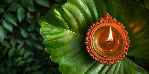 Indian festival dussehra compostion with green leaf ,flowers and lamp
