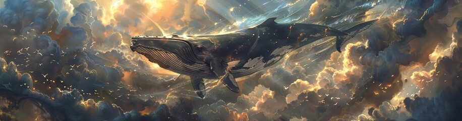 Inside an open book, a majestic flying whale navigates through cloud-like paragraphs, blending fantasy with the boundless realms of stories, high detailed