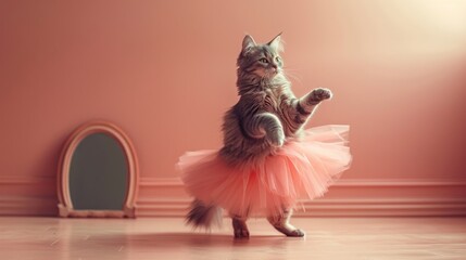 Ballet Dancer Cat in Rehearsal: A cat in a tutu, standing on its hind legs, performing a ballet...