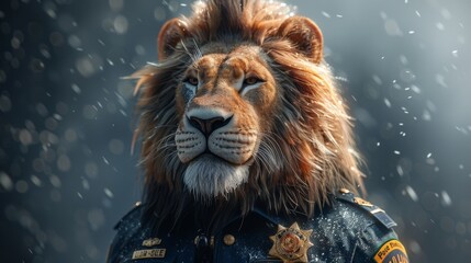 Brave Lion as a Police Officer: A lion in a police uniform, with a badge and a radio, standing...