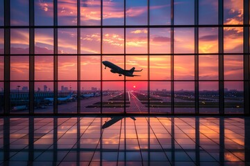 Silhouette of a plane taking off or landing in sunset purple and yellow sky from empty airport lobby, concept of taking off, start up, travel, go back home, with copy space