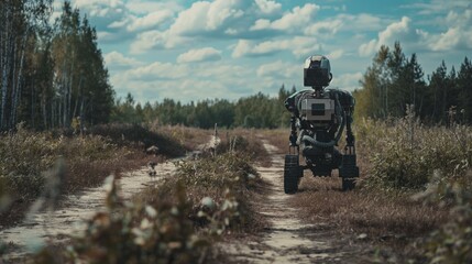 A modern robot strides down a forest trail indicative of exploration or patrol in a natural environment.
