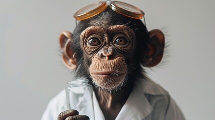 Clever Monkey as a Scientist: A monkey in a lab coat, holding a beaker, with goggles on its head, against a white background.