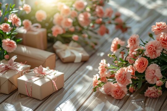 A wooden table with three brown boxes and a vase of pink flowers. Birthday concept.