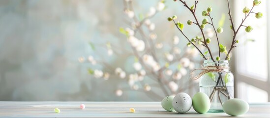 A clear glass vase filled with colorful Easter eggs is placed on top of a wooden table. In the background, green buds on branches add to the festive decor. - obrazy, fototapety, plakaty