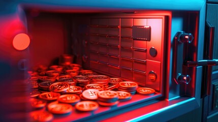 Vibrant 3D illustration of an open safe box revealing piles of coins and banknotes - obrazy, fototapety, plakaty