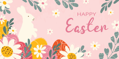 Fototapeta na wymiar Rectangular festive background decorated hand drawn blooming flowers, green leaves white bunny and multicolored eggs for Happy Easter. Flat vector grunge textured illustration on pink backdrop