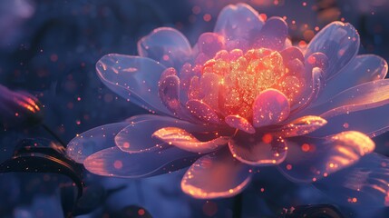 A radiant flower illuminated with an enchanting glow, surrounded by mystical particles in a dreamy nightscape.
