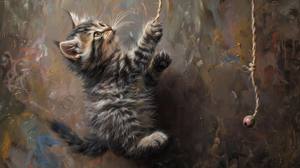 A beautifully detailed digital painting of a kitten reaching for a toy, blending realism with artistic brush strokes - obrazy, fototapety, plakaty