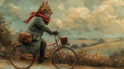 Cyclist Cat on a Country Road: cat in cycling gear, riding a bike on a winding road, against a pastel green and blue background suggesting a serene countryside. - obrazy, fototapety, plakaty