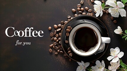 high quality wallpaper of white coffee on a dark background with coffee bush flowers