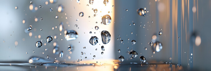 three drops of water falling from a door, in the style of rendered in unreal engine, bokeh, ue5, spectralist, smooth surfaces, shot on 70mm, light background - obrazy, fototapety, plakaty