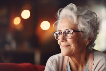 Reflective Senior Woman with Glasses Gazing into the Distance, Warm Indoor Light Creating a Soft Glow, Portrait of Age-Defined Beauty and Wisdom - obrazy, fototapety, plakaty