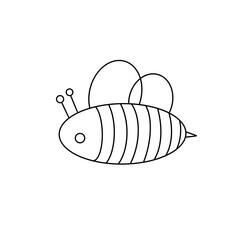 A black and white drawing of a bee. The bee is drawn in a simple style with a cute face
