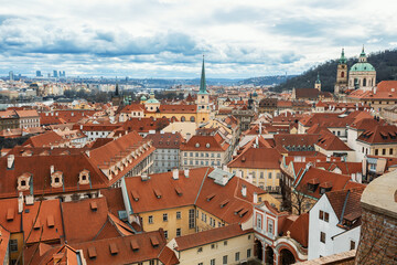 Naklejka na ściany i meble Panorama of old historic town Prague in Czech Praha, view from castle hill in sunny day, Central Bohemia, Czech Republic