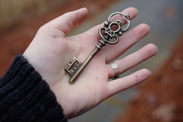 closeup of a hand with a vintage skeleton key
