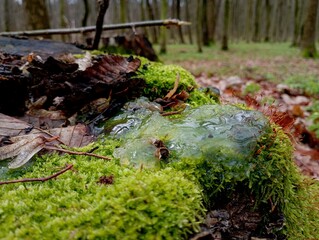 Forest spring texture transparent slime mushroom growing on green moss. A transparent clot of slime on a stump covered with green moss in the forest.
