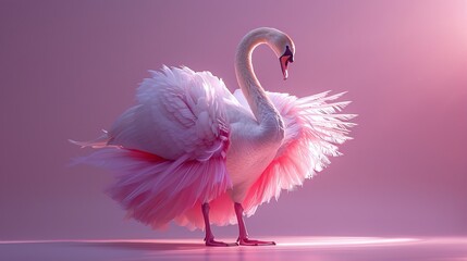 Elegant Swan as a Ballet Dancer: A swan in a tutu, posed gracefully, against a soft lavender...