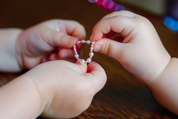 little hands stringing beads onto a homemade necklace