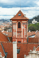 Panorama of old historic town Prague in Czech Praha, view from castle hill in sunny day, Central Bohemia, Czech Republic