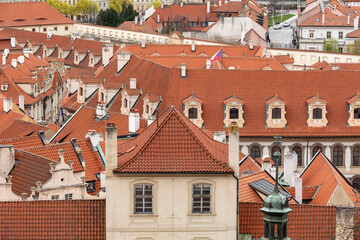 Panorama of old historic town Prague in Czech Praha, view from castle hill in sunny day to red roofs, Central Bohemia, Czech Republic - 768533985