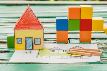 kids house drawing beside real blocks shaped like a house