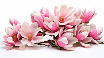 Pink magnolia blossoms in spring isolated on white background, delicate flowers branch
