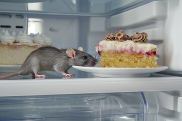 a rat next to a piece of cake on a refrigerator shelf
