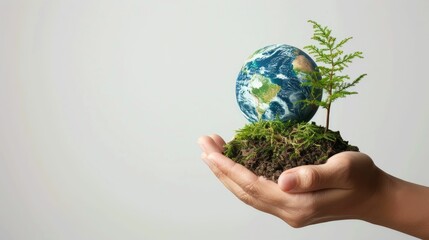 Sustainable Earth in hand, life in balance, against a clean white backdrop