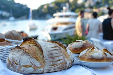 artisan bread display on the table, friends gathered, boats passing by
